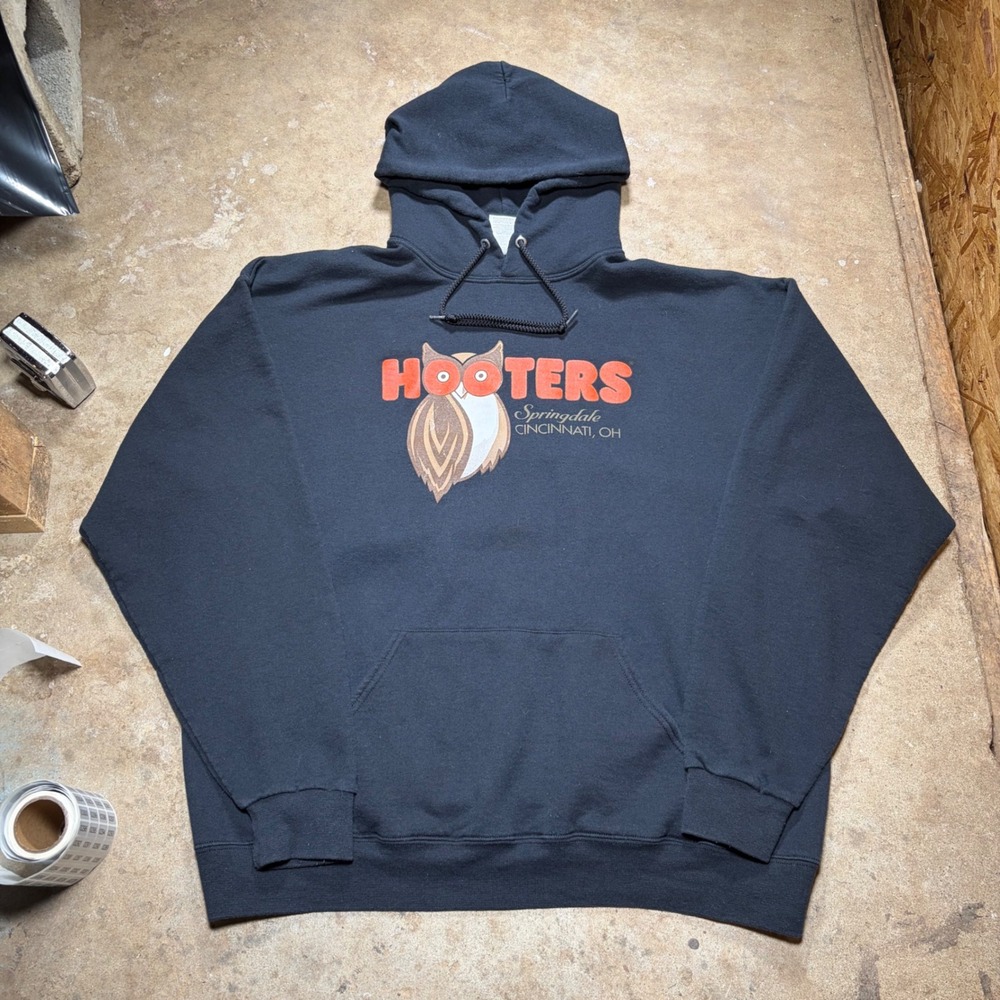 Jerzees Hooters Springdale Cincinnati OH Hoodie Mens XL Black Pullover Sweat